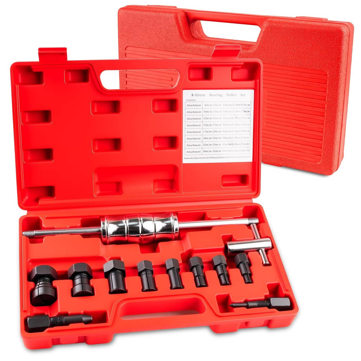 Red case tool kit with slide hammer puller and black collet bearing adapters