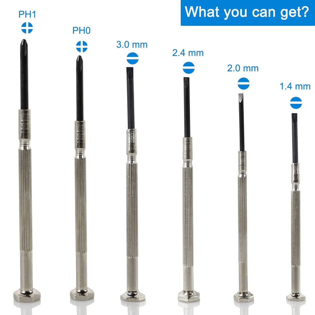 6 mini precision screwdrivers with black shafts and different tip sizes