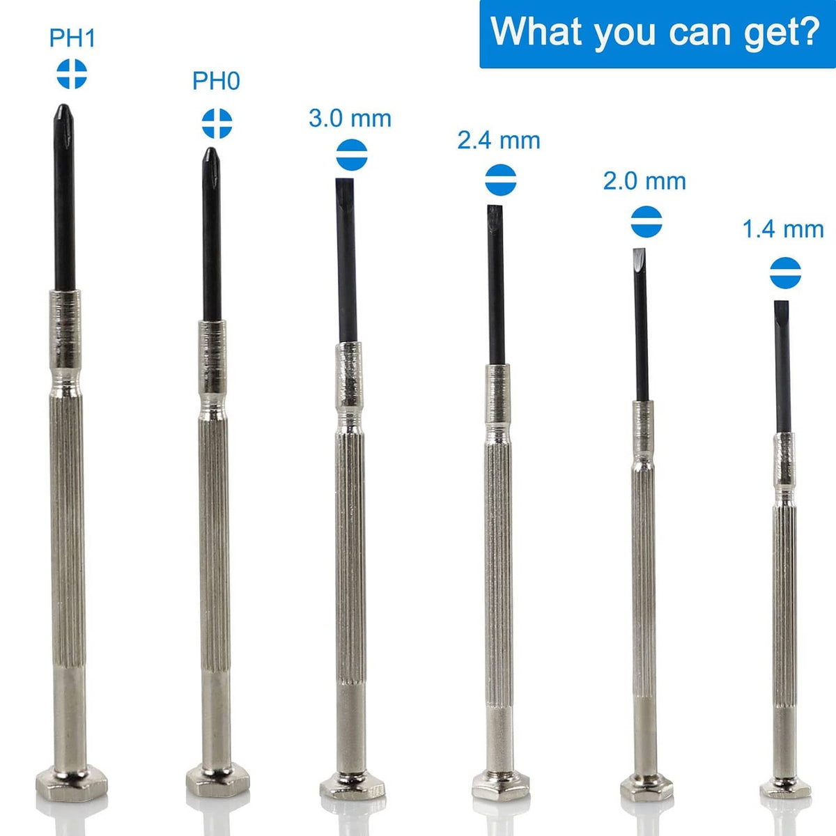 6 mini precision screwdrivers with black shafts and different tip sizes