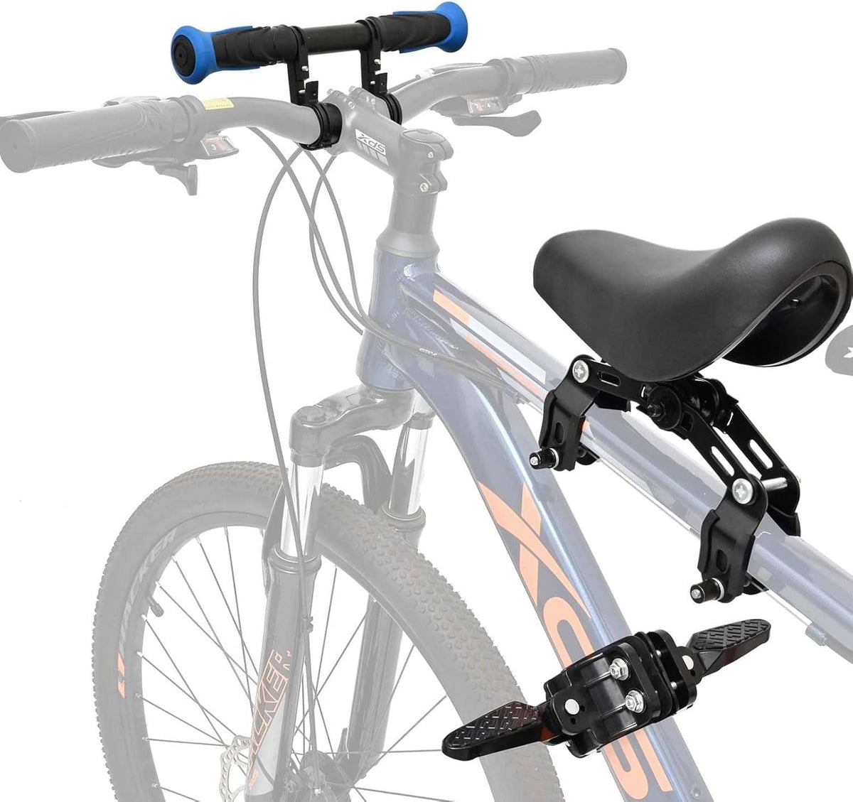 Front mount kids bike seat with black padded saddle and handlebar mounting brackets
