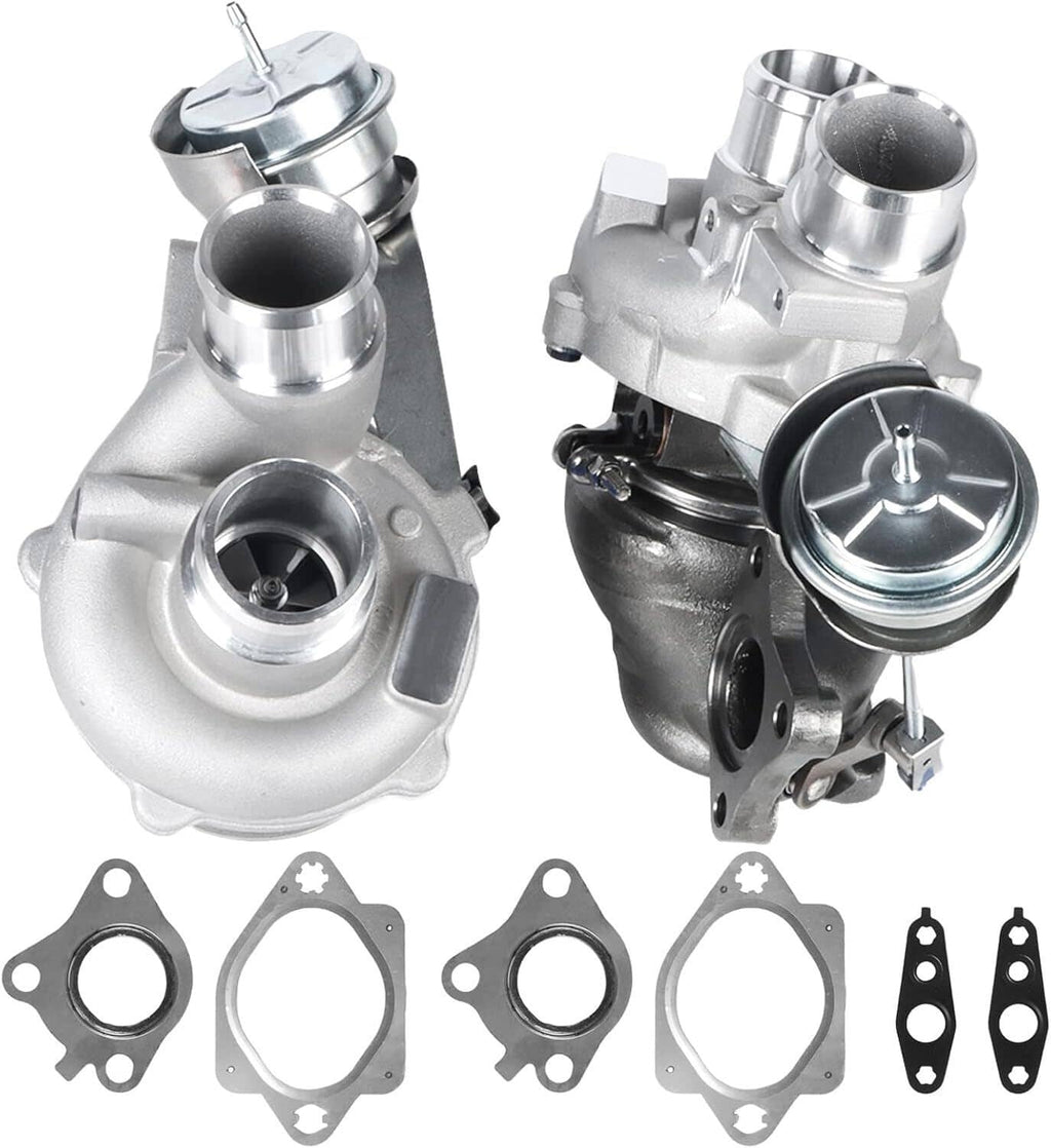Twin turbochargers with gaskets and mounting flanges in silver finish