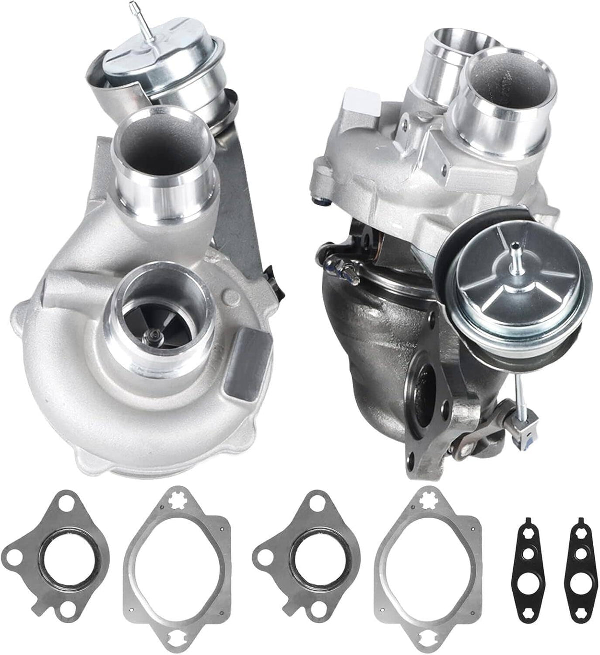 Twin turbochargers with gaskets and mounting flanges in silver finish