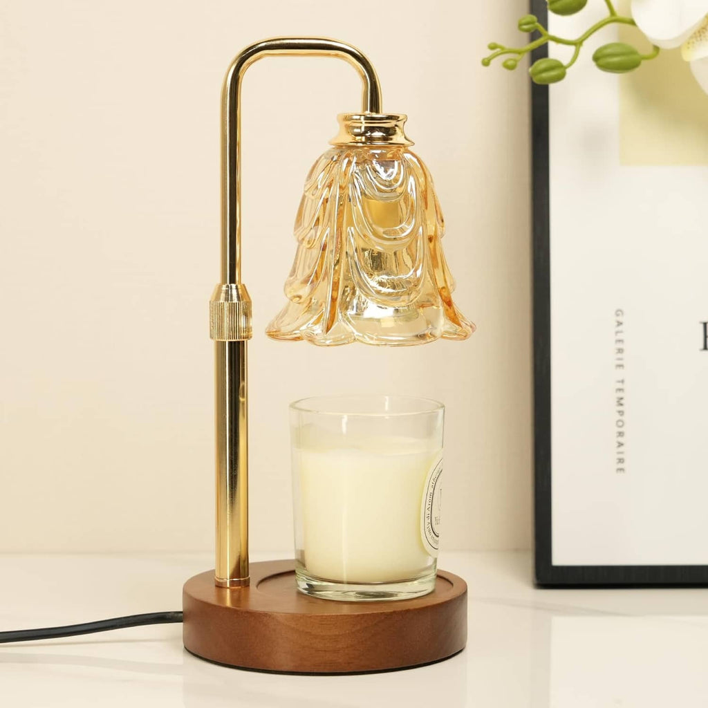 Gold tulip glass candle warmer lamp with wood base, warm candle glow, adjustable stem