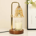 Gold tulip glass candle warmer lamp with wood base, warm candle glow, adjustable stem