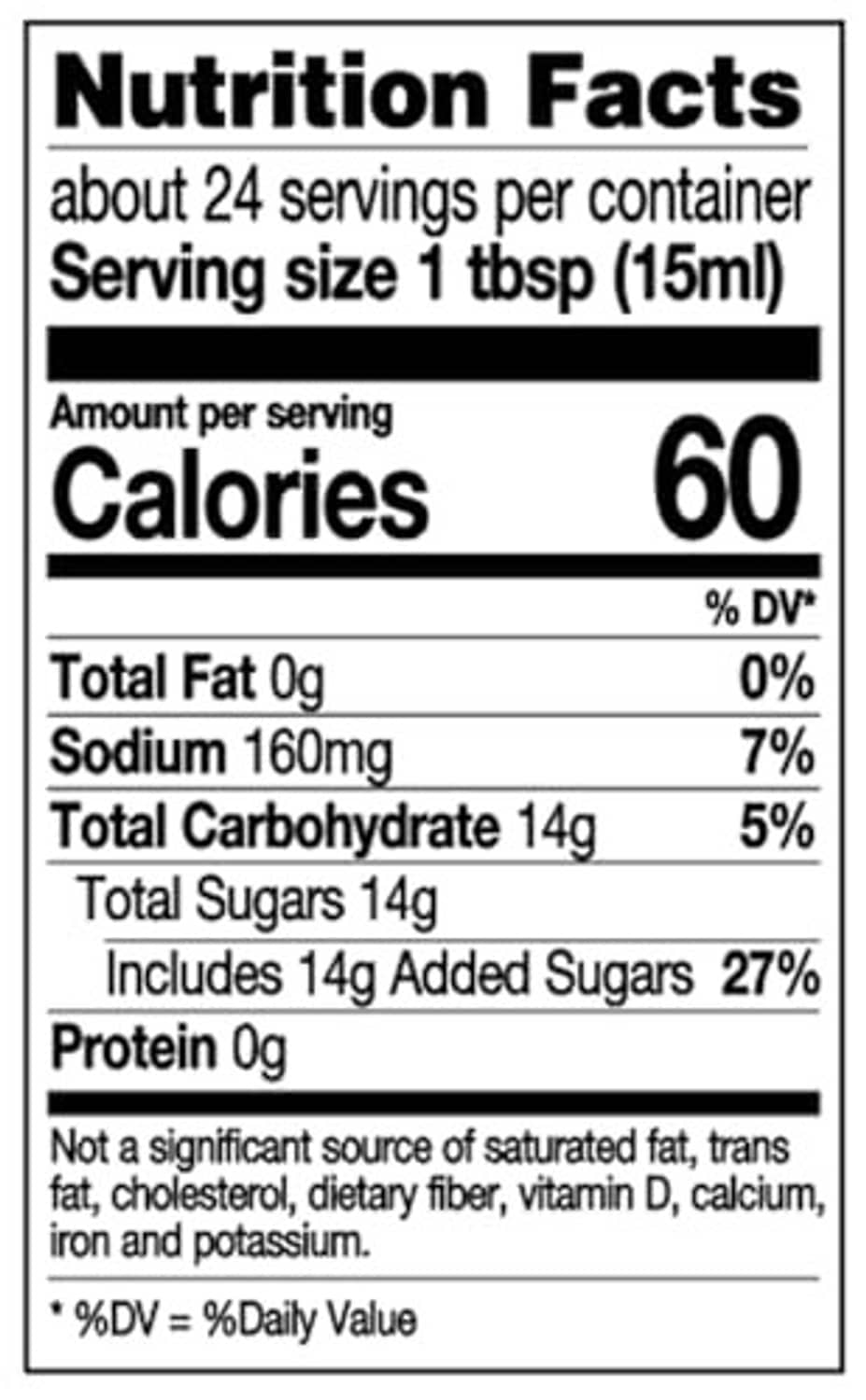 Nutrition Facts label: Bayou Bourbon glaze, serving size 1 tbsp (15 ml), 60 calories