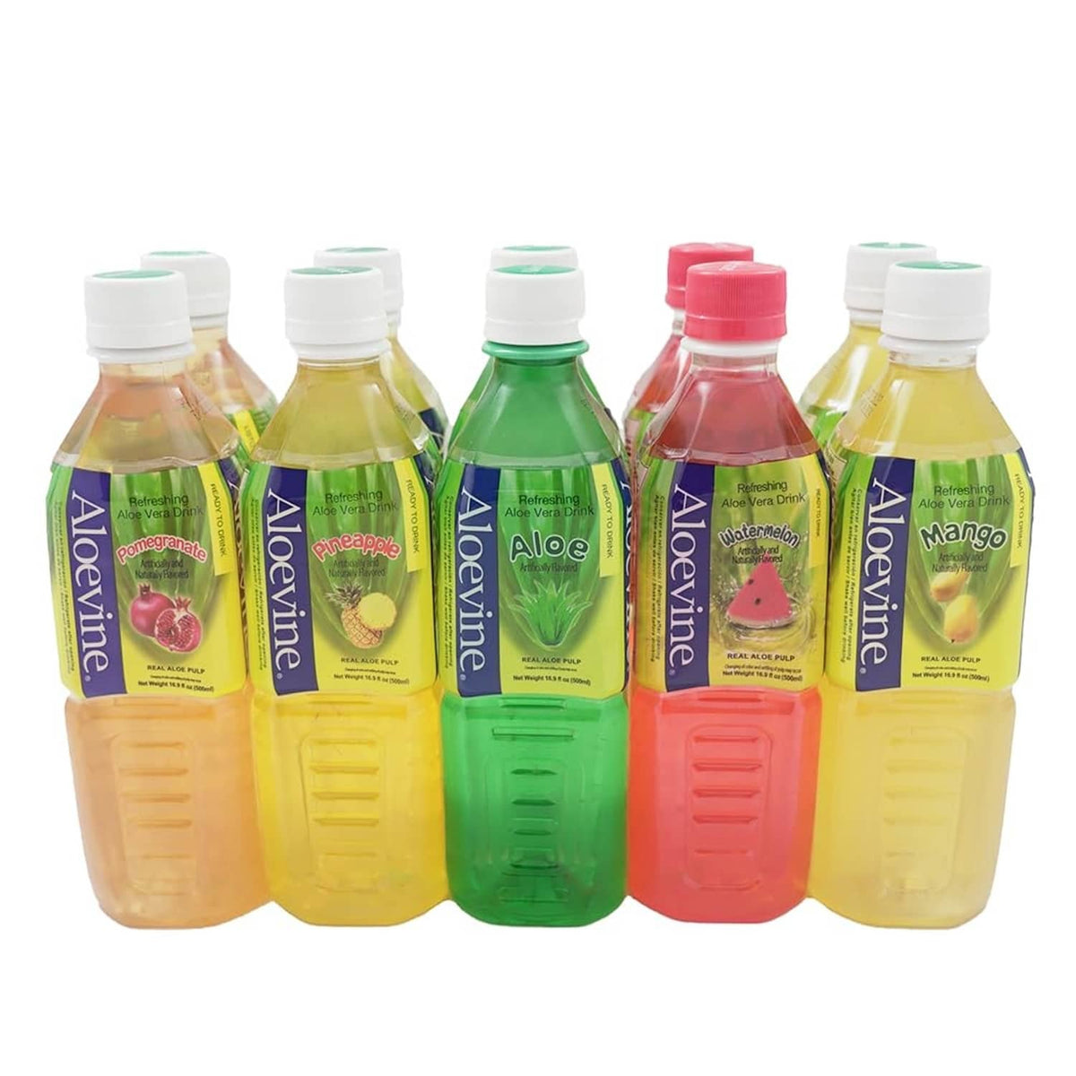 Aloe vera drink multipack of five bottles: yellow, green, red, and pink with caps