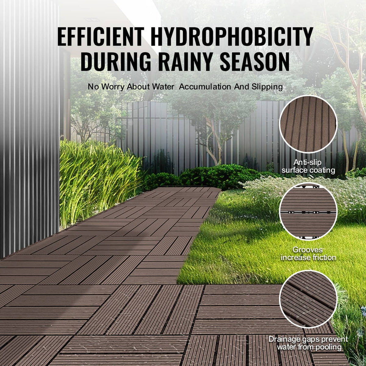 Dark brown interlocking deck tile walkway with grooved surface texture