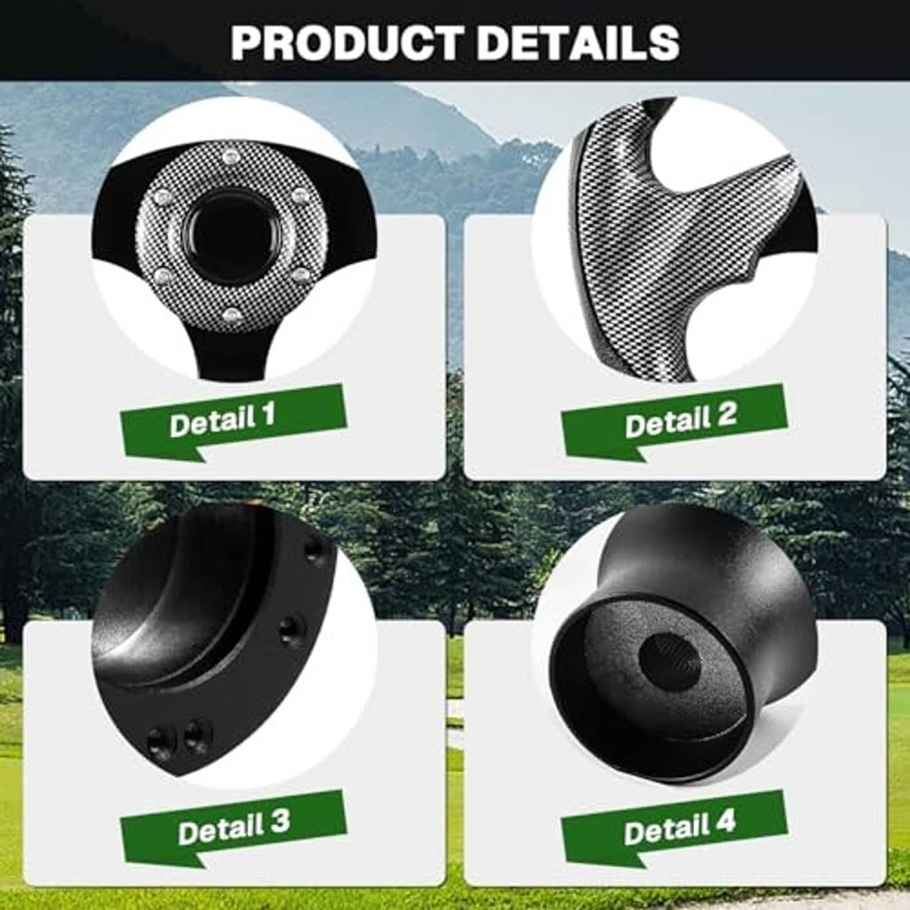 Carbon-look steering wheel accessory with close-ups of center hub and grip sections