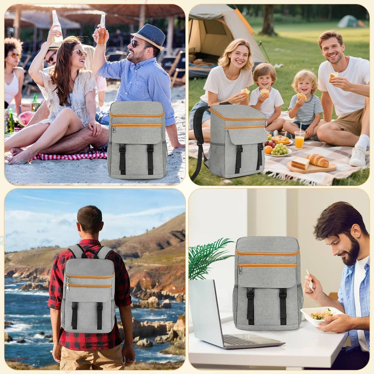 Grey cooler backpack with orange-trimmed front pocket, upright for outdoor meals