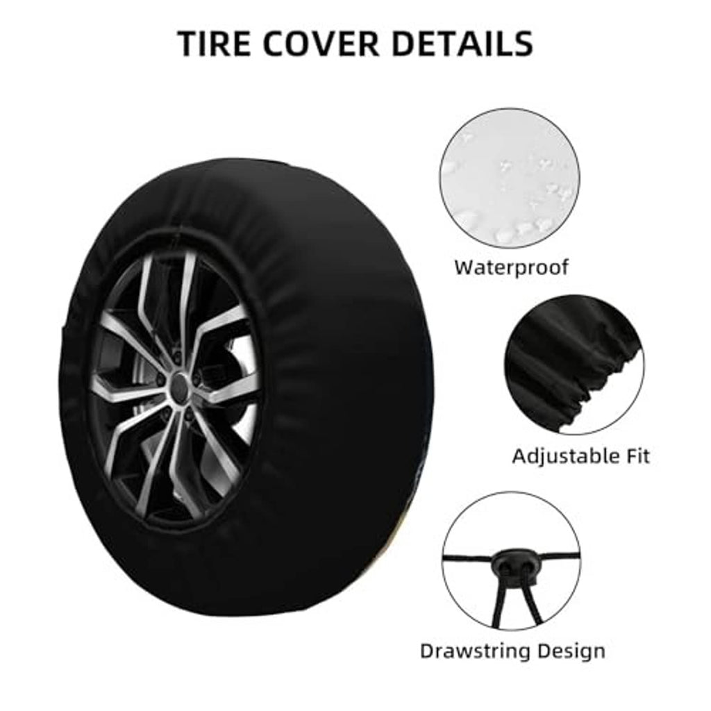 Spare tire cover details: black cover with drawstring adjustable fit, waterproof