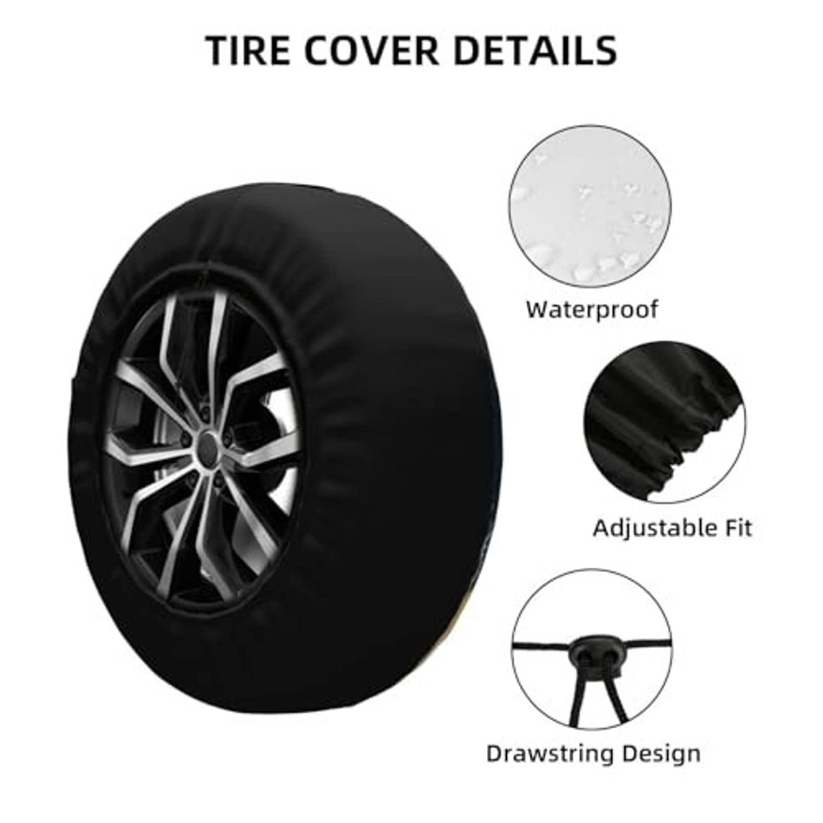 Spare tire cover details: black cover with drawstring adjustable fit, waterproof