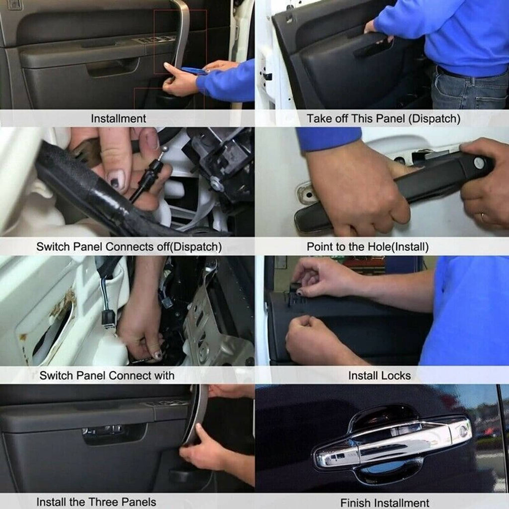 Hands installing a chrome exterior door handle on an open vehicle door panel
