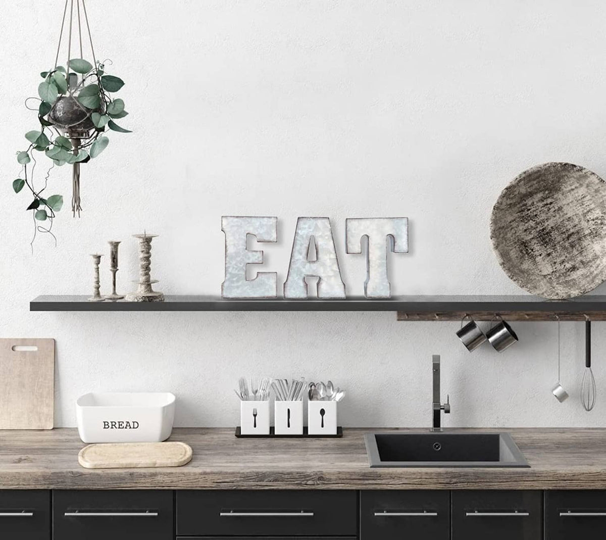 Silver galvanized E, A, T letters on long ledge in kitchen decor