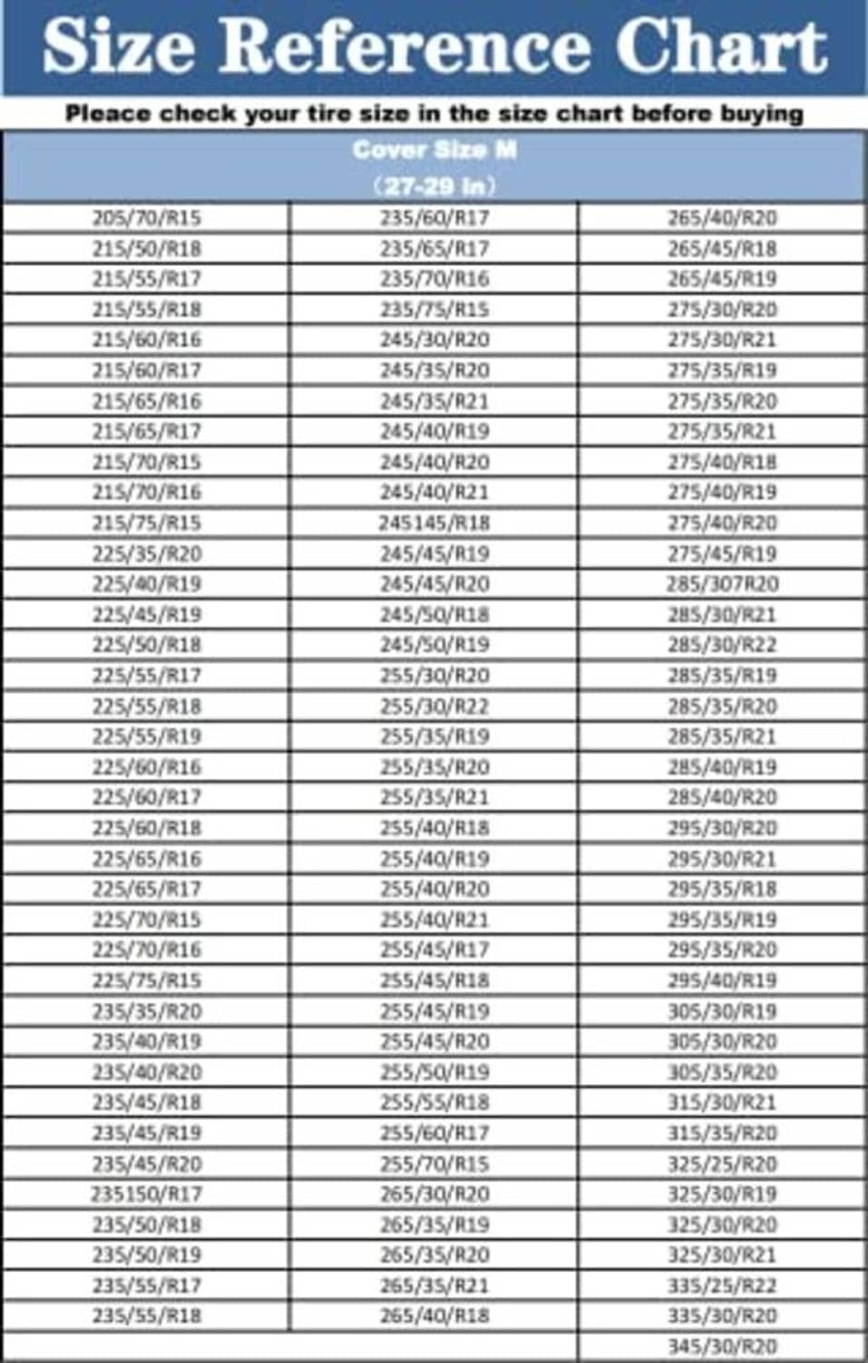 Size reference chart for tire covers, fit covers 27–29 inch tire diameter range