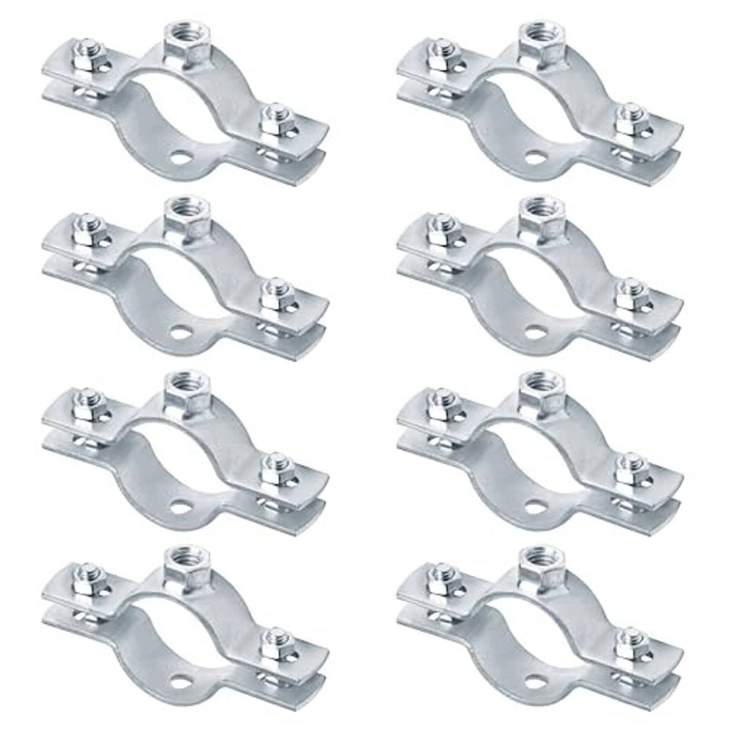Set of 8 galvanized split ring pipe hangers with threaded bolts and base plates