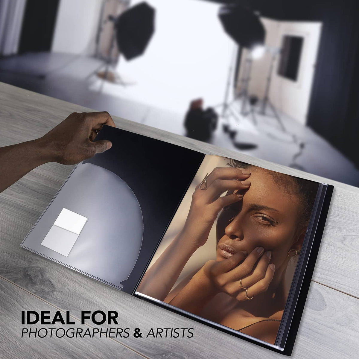 Itoya art portfolio with a photo inserted, cover partially open