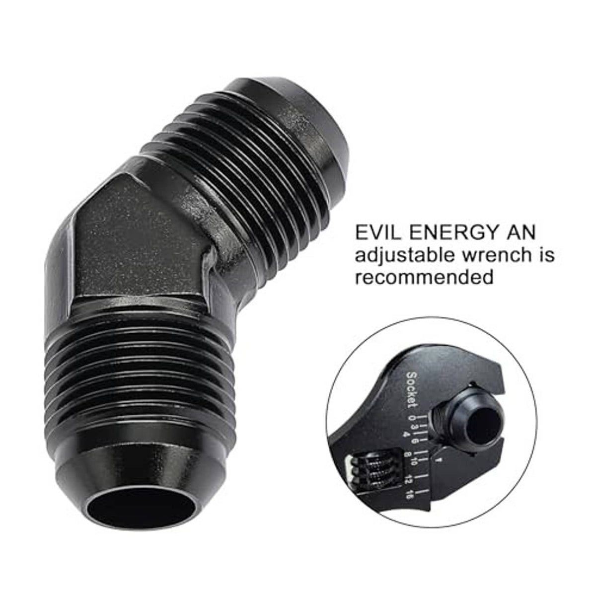Black 45-degree AN flare union elbow coupler with male threads for secure fit