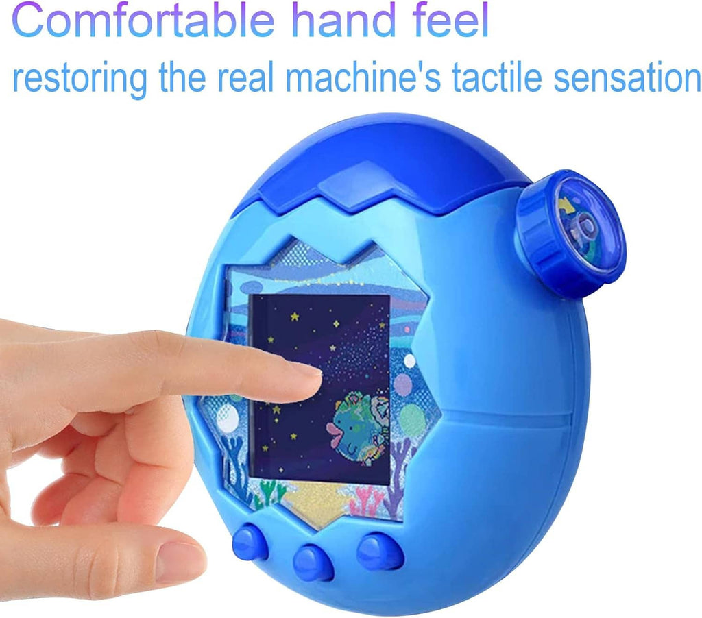 Blue handheld Tamagotchi screen protector film on display held in hand