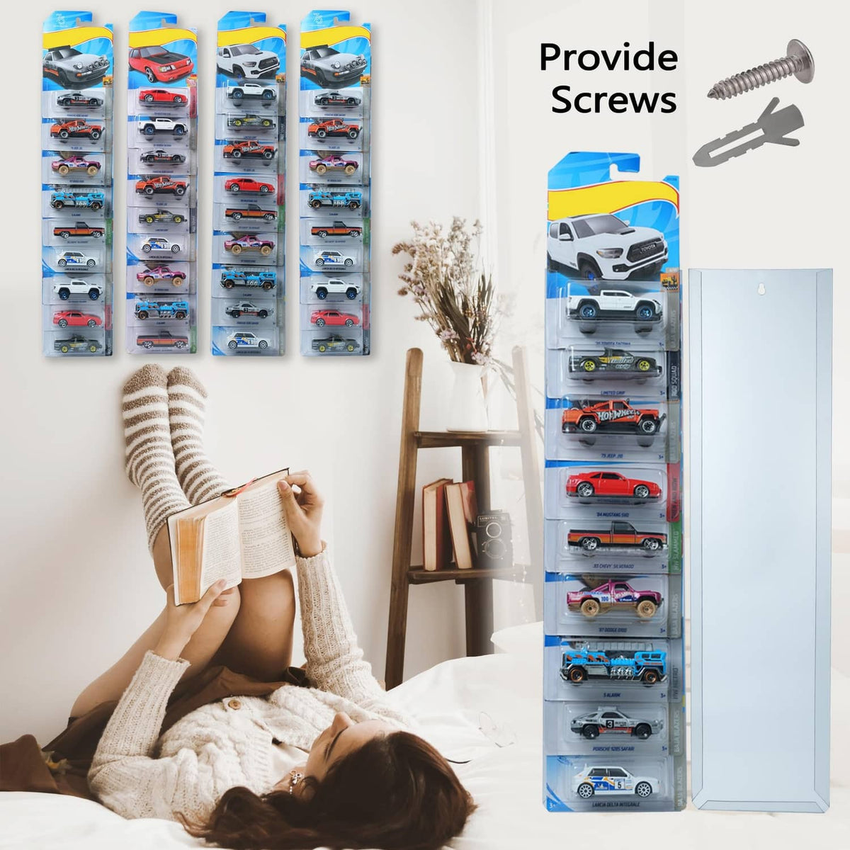 Transparent diecast display cases with included screws, upright for toy cars