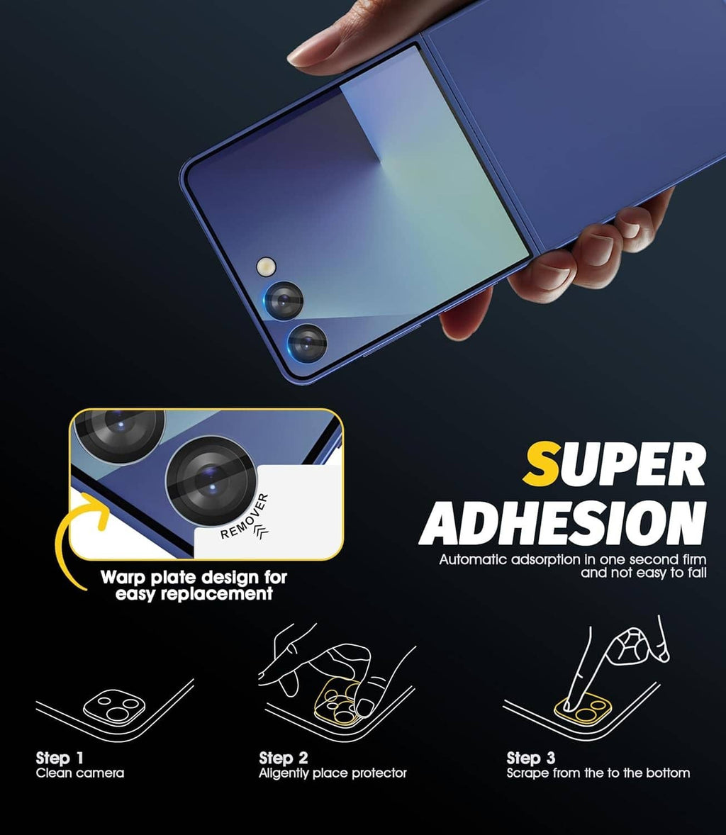 Camera lens protector set installation shown on a blue phone camera lens area