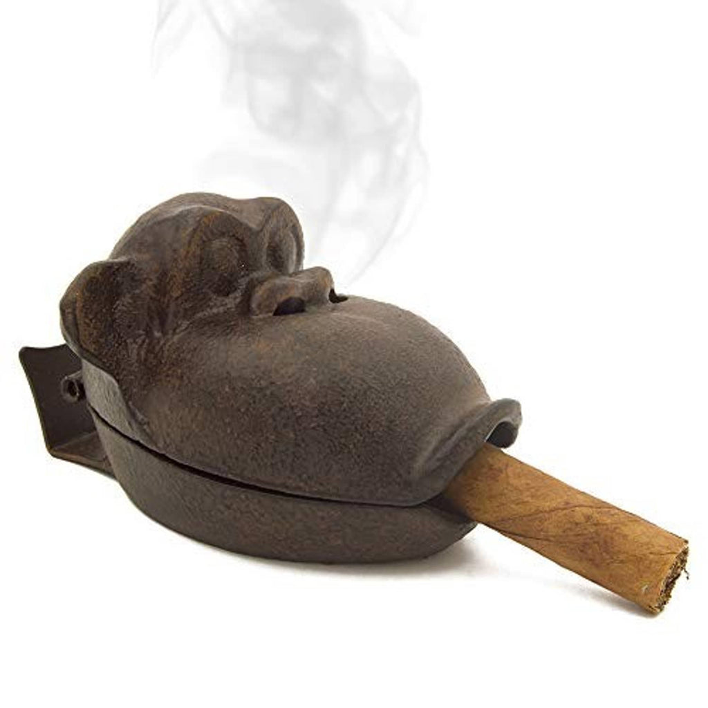 Cast monkey ashtray with cigar holder, dark brown finish
