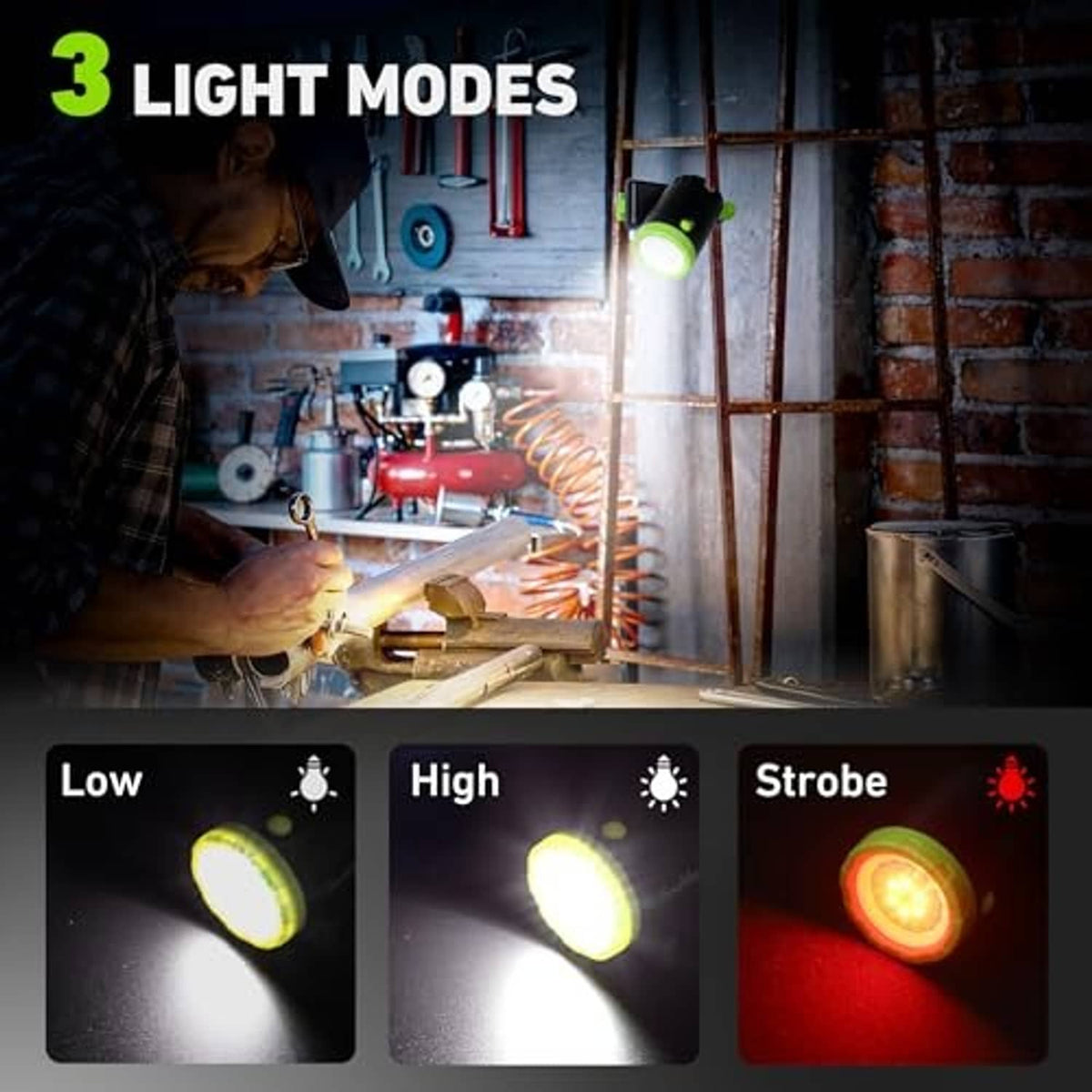 Rechargeable LED work light with green circular LED head on black clamp base