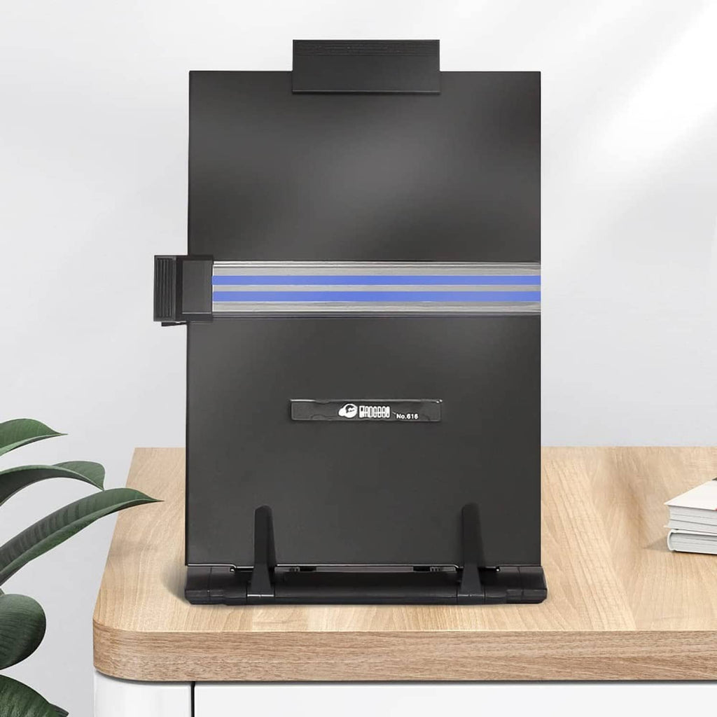 Black desktop document holder stand front view with blue guide strip and base clips