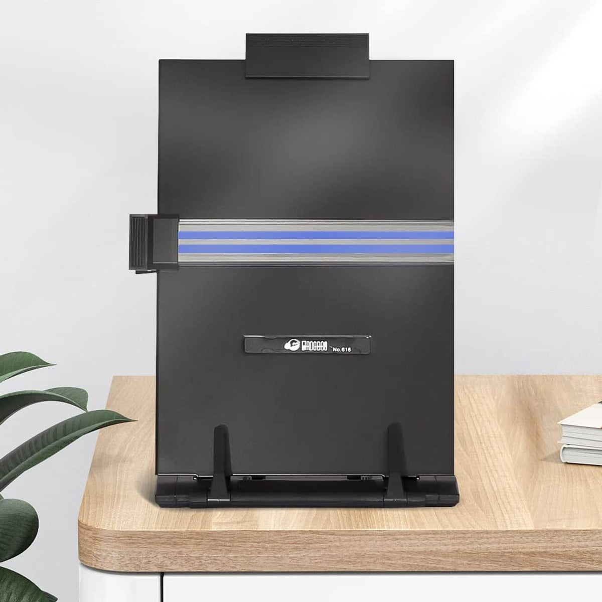 Black desktop document holder stand front view with blue guide strip and base clips