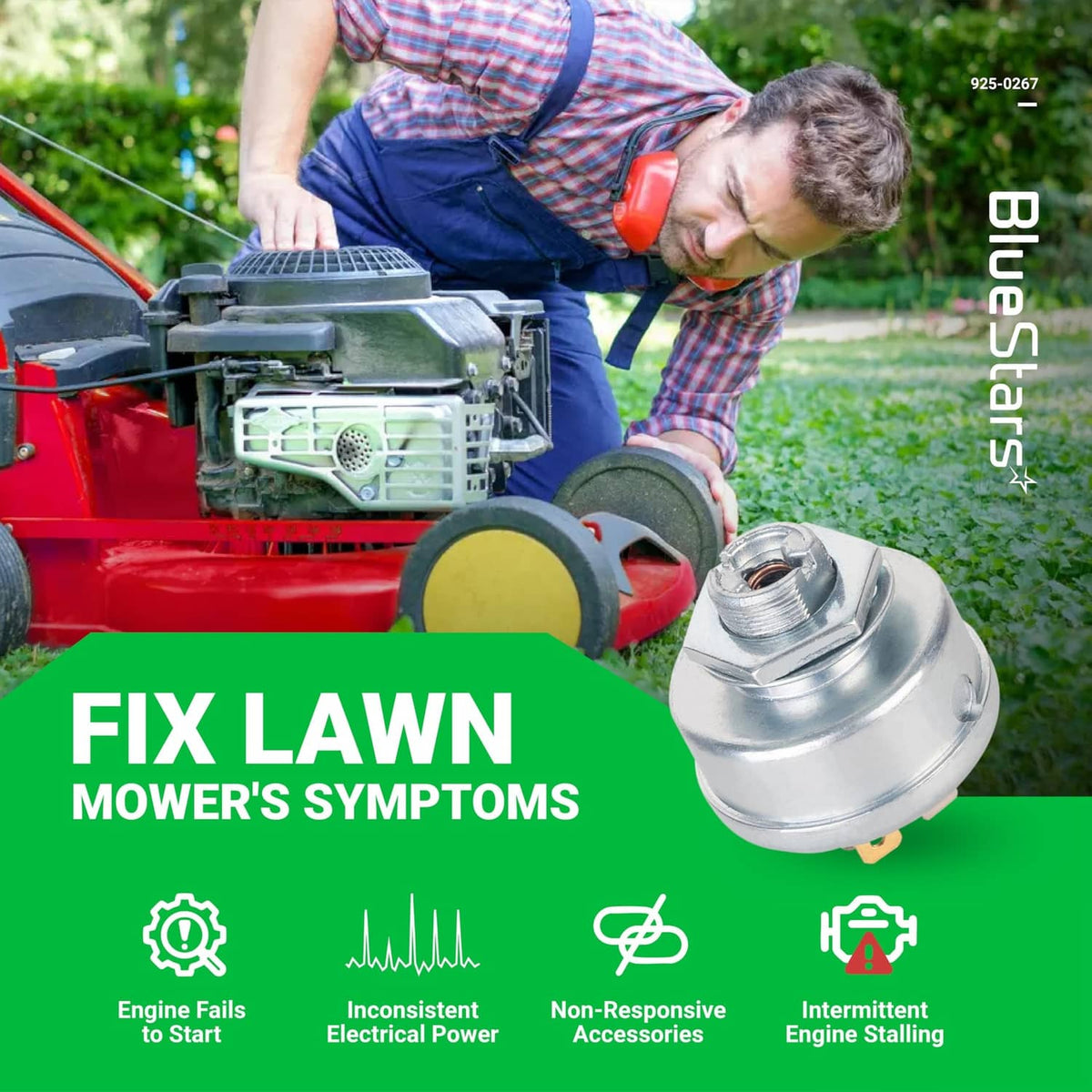 Silver ignition switch on lawn mower engine, visible threaded stud