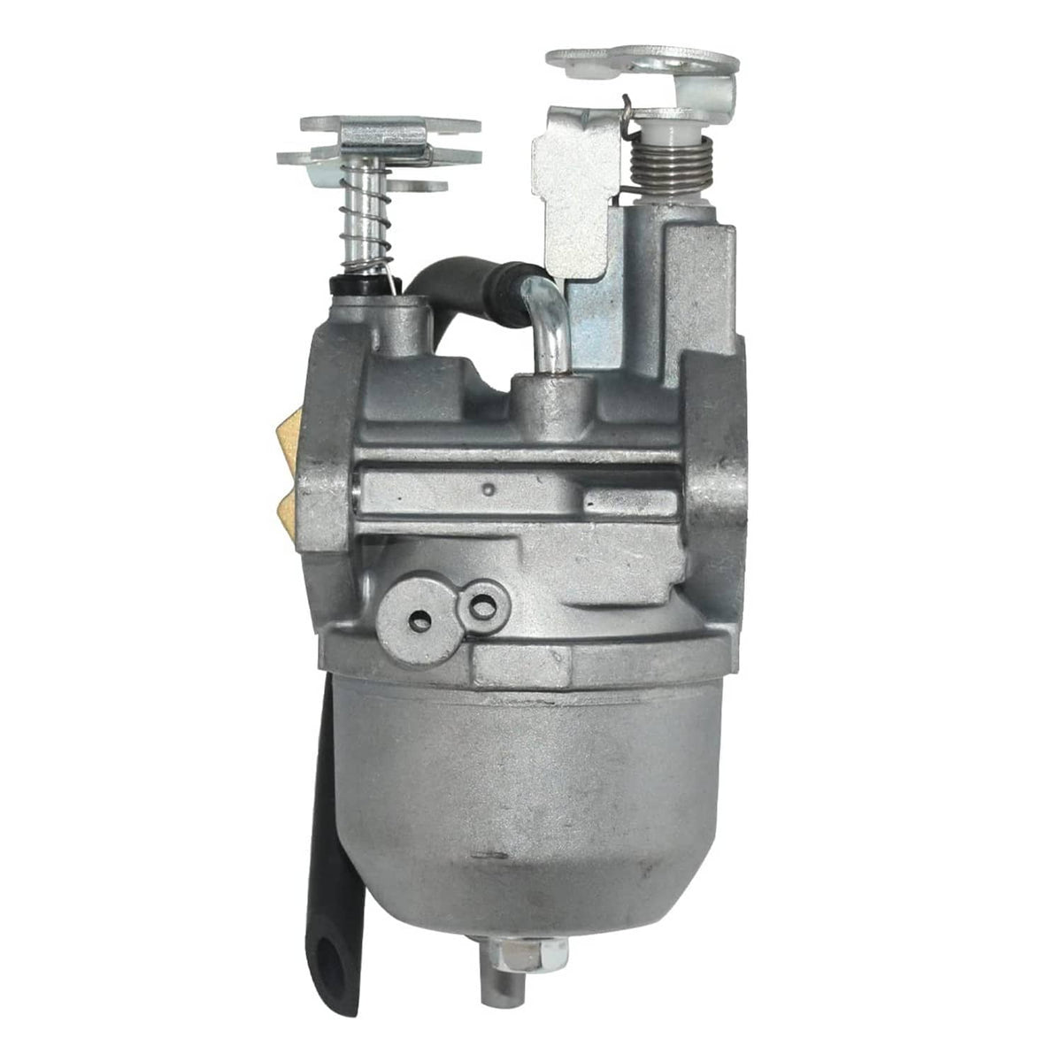 Carburetor assembly with silver metal body, top air inlet fitting, and side mounting bracket