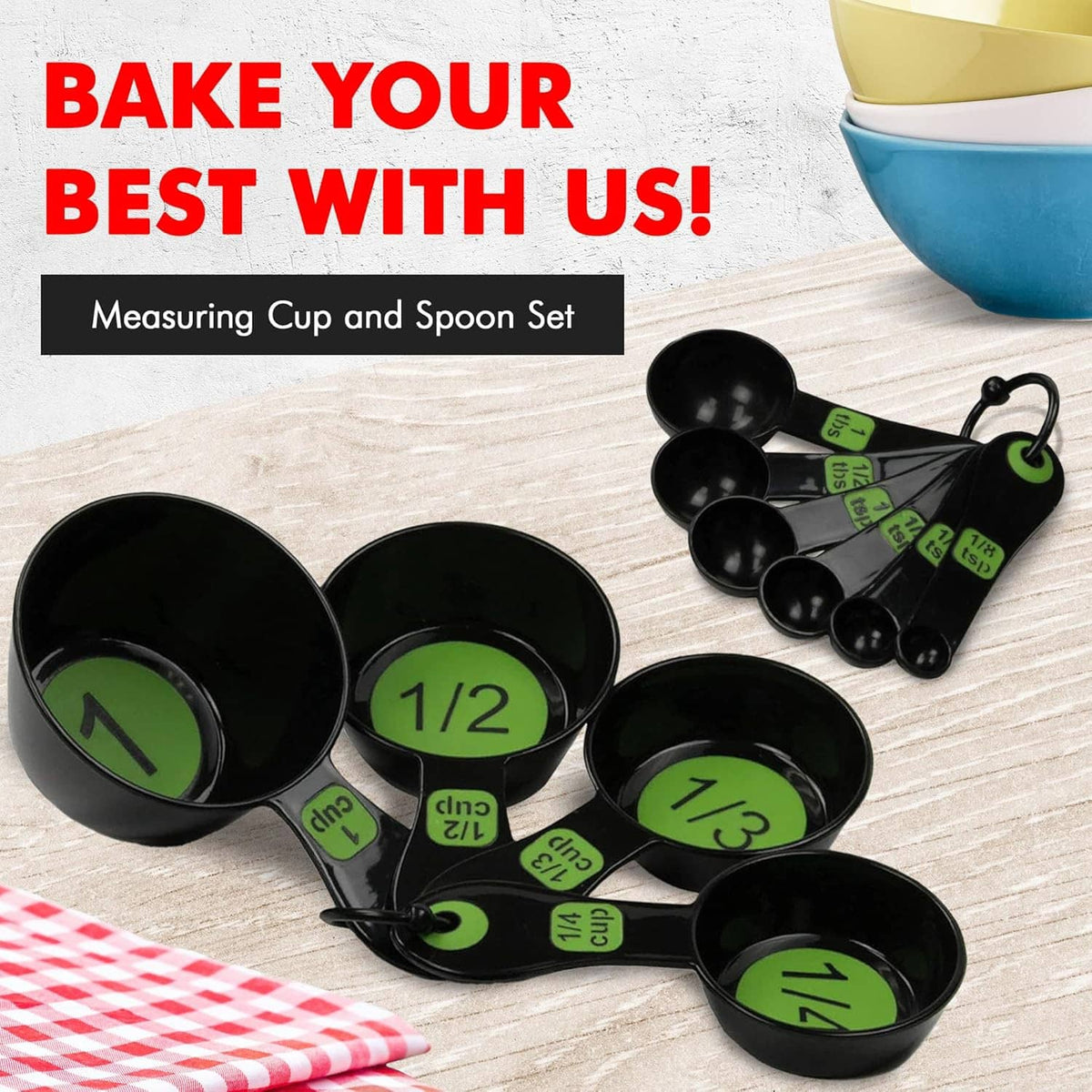 10-piece plastic measuring cup and spoon set on wood, black cups with green markings