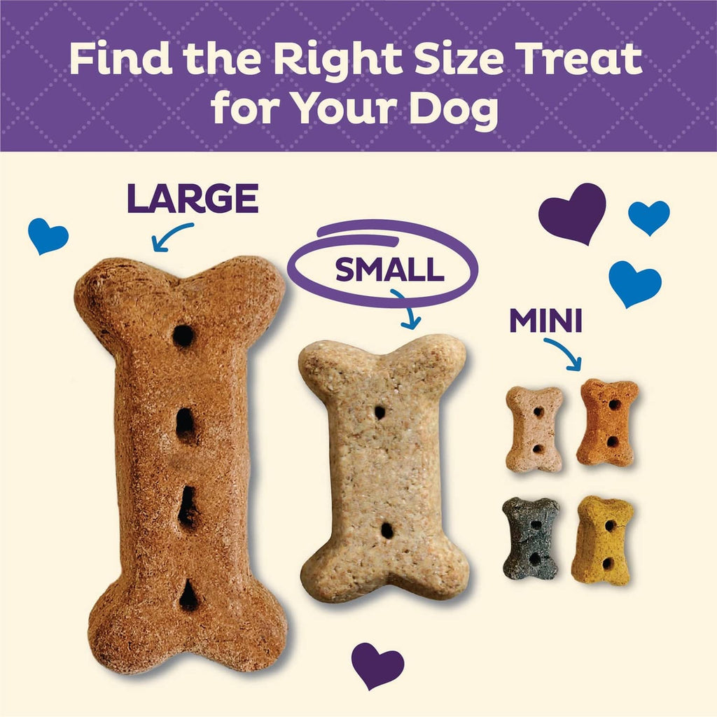 Dog biscuit size guide showing large, small, and mini bone shapes