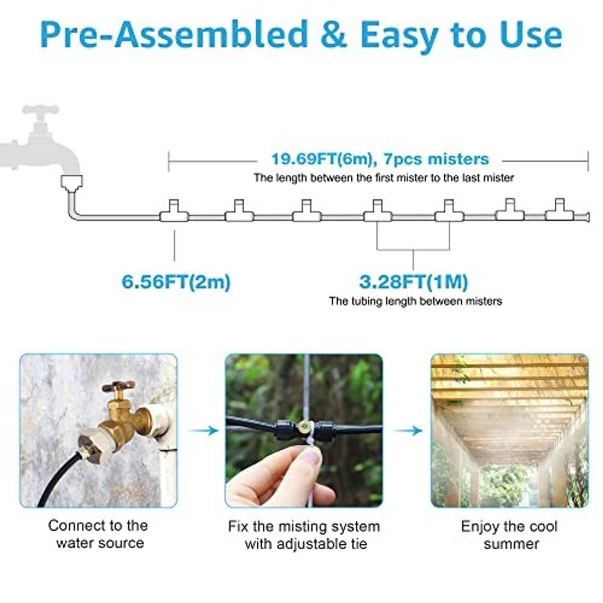 Patio misting system tubing diagram with multiple misting nozzles along the line