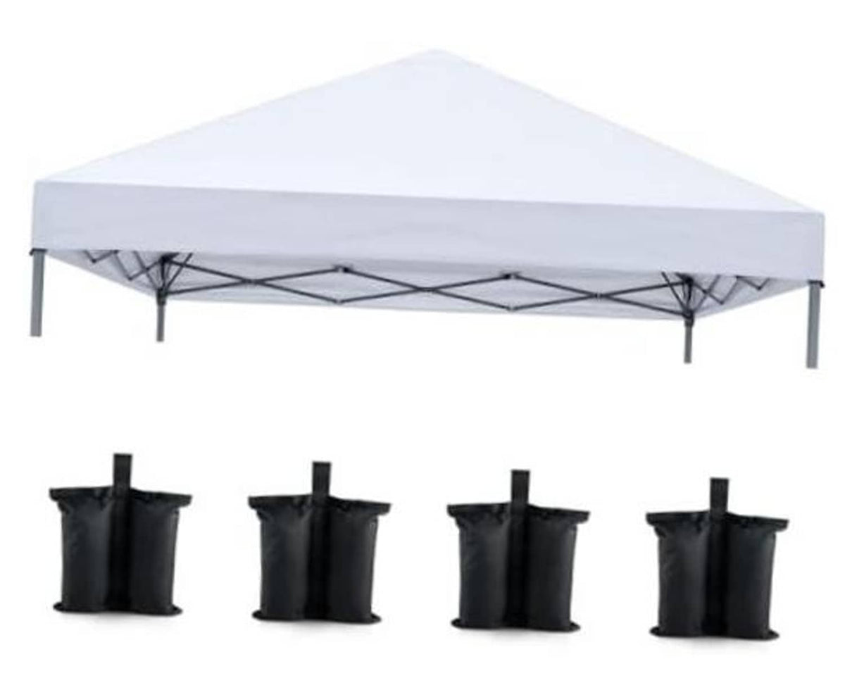 White 10x10 pop-up canopy top cover with 4 black sandbags