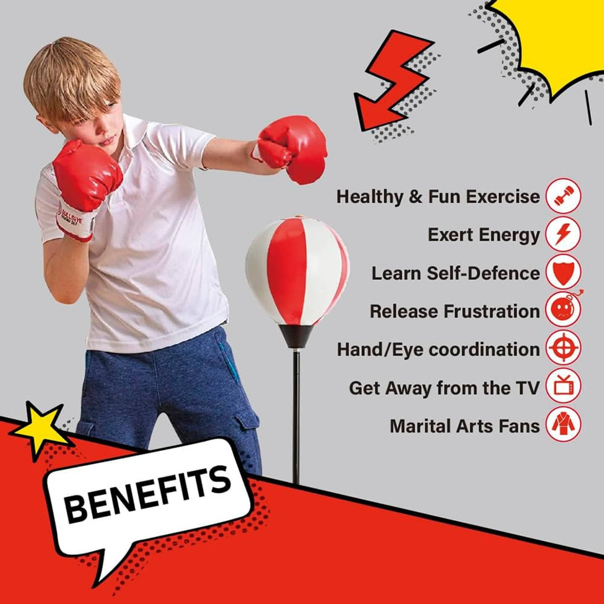 Kid punching a red-and-white standing punching bag with red boxing gloves