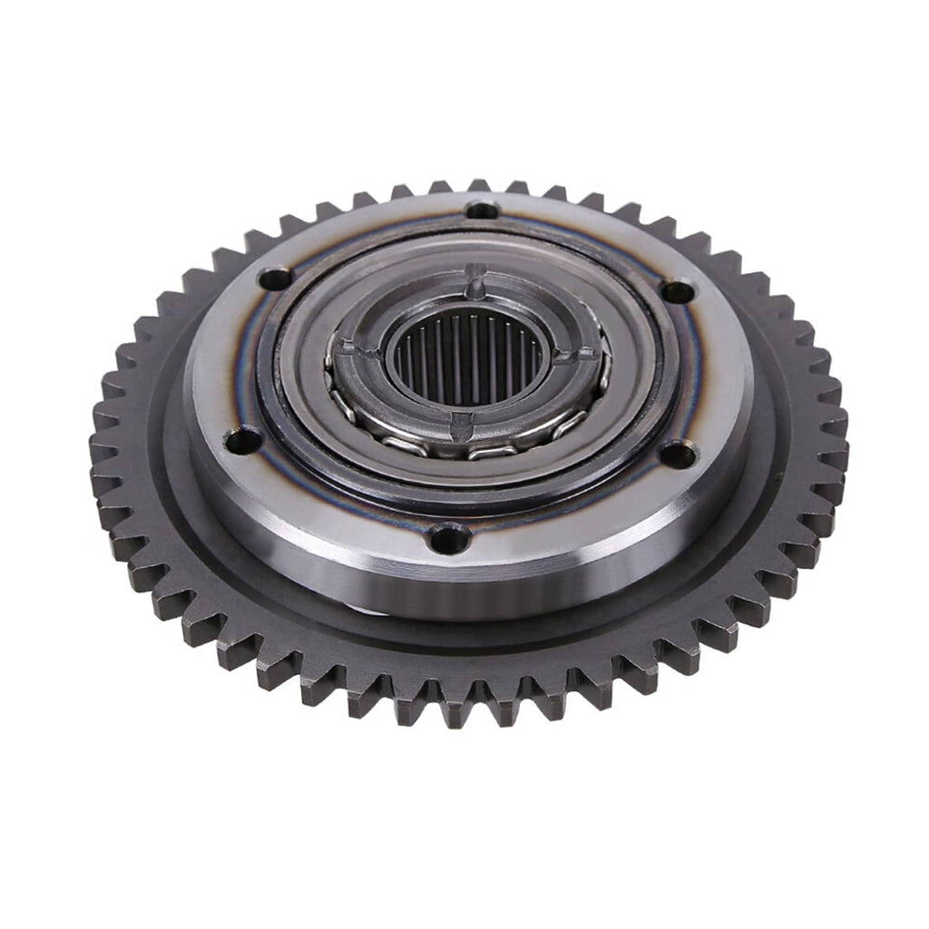 One-way bearing starter clutch gear close-up, steel gear with internal bearing rings
