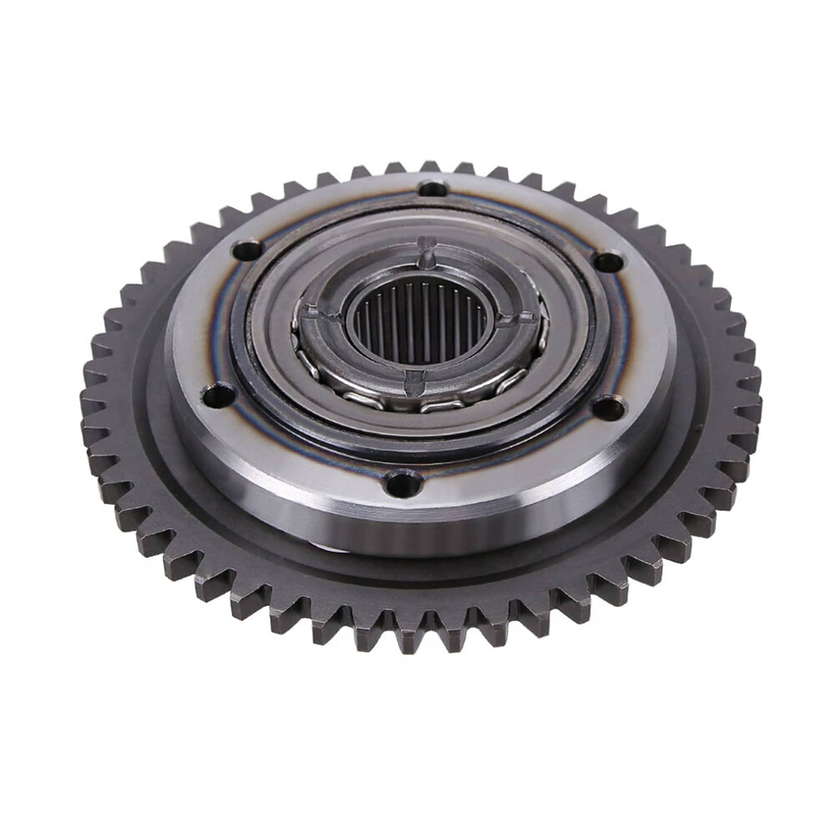 One-way bearing starter clutch gear close-up, steel gear with internal bearing rings