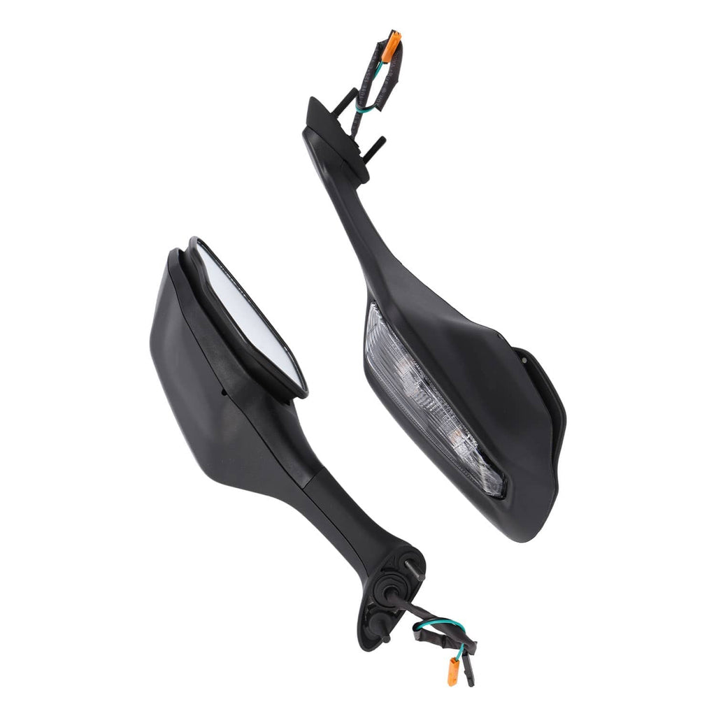 Black motorcycle mirrors angled view with connectors and colored wiring ends