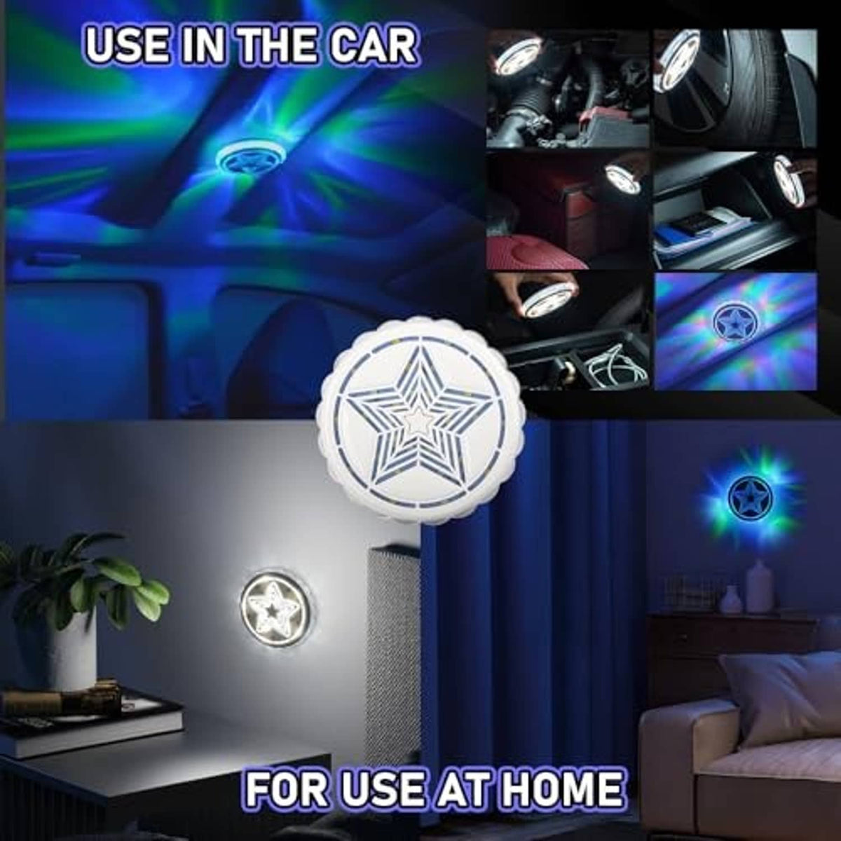 Round star-emblem LED ceiling light with multicolor glow, shown on a ceiling mount
