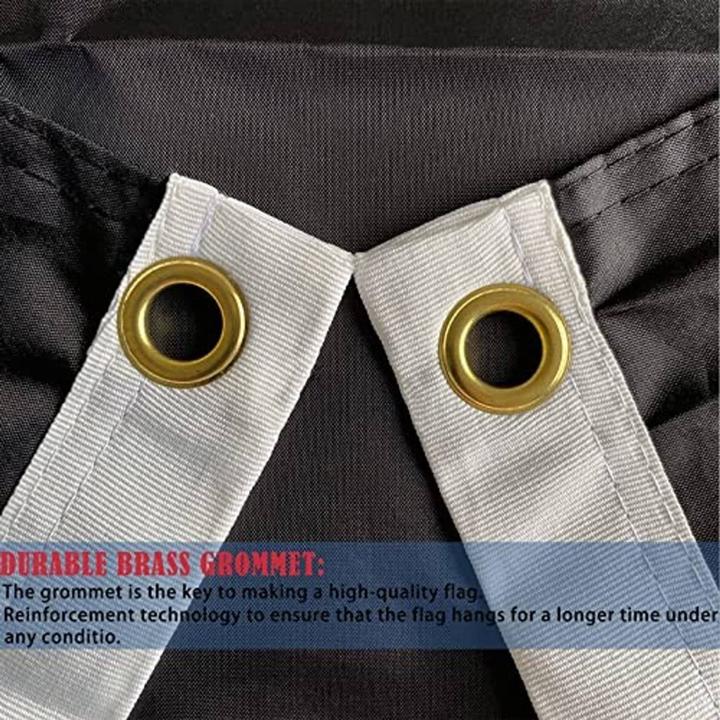 Black POW-MIA flag header with two brass grommets and white reinforced stitching