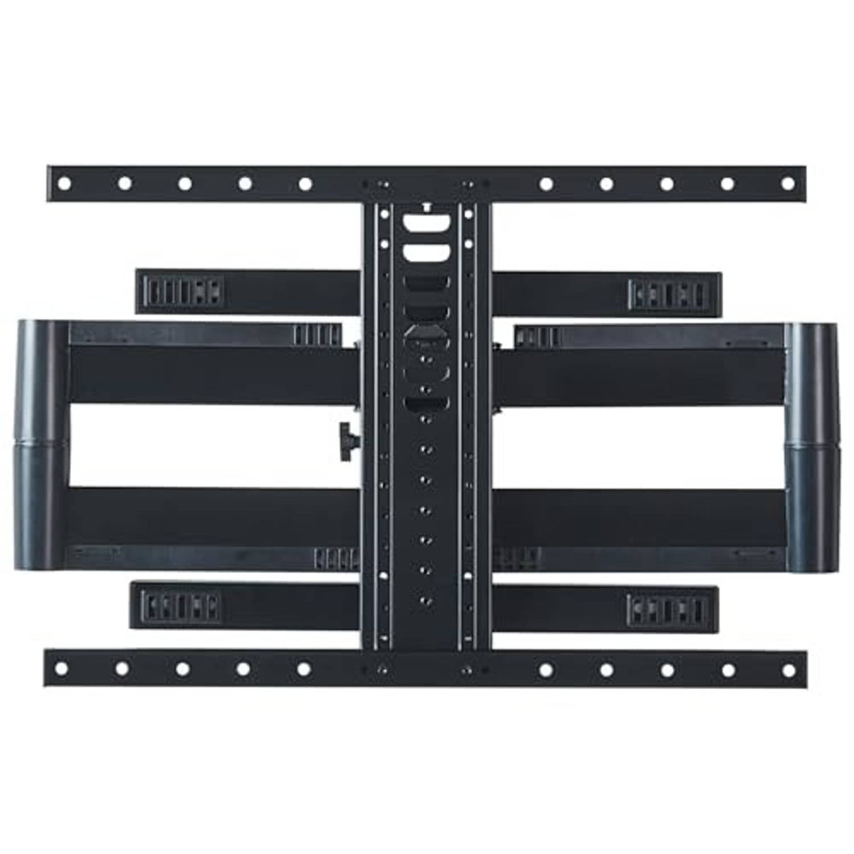 Black full-motion TV mount bracket with central column and side support arms