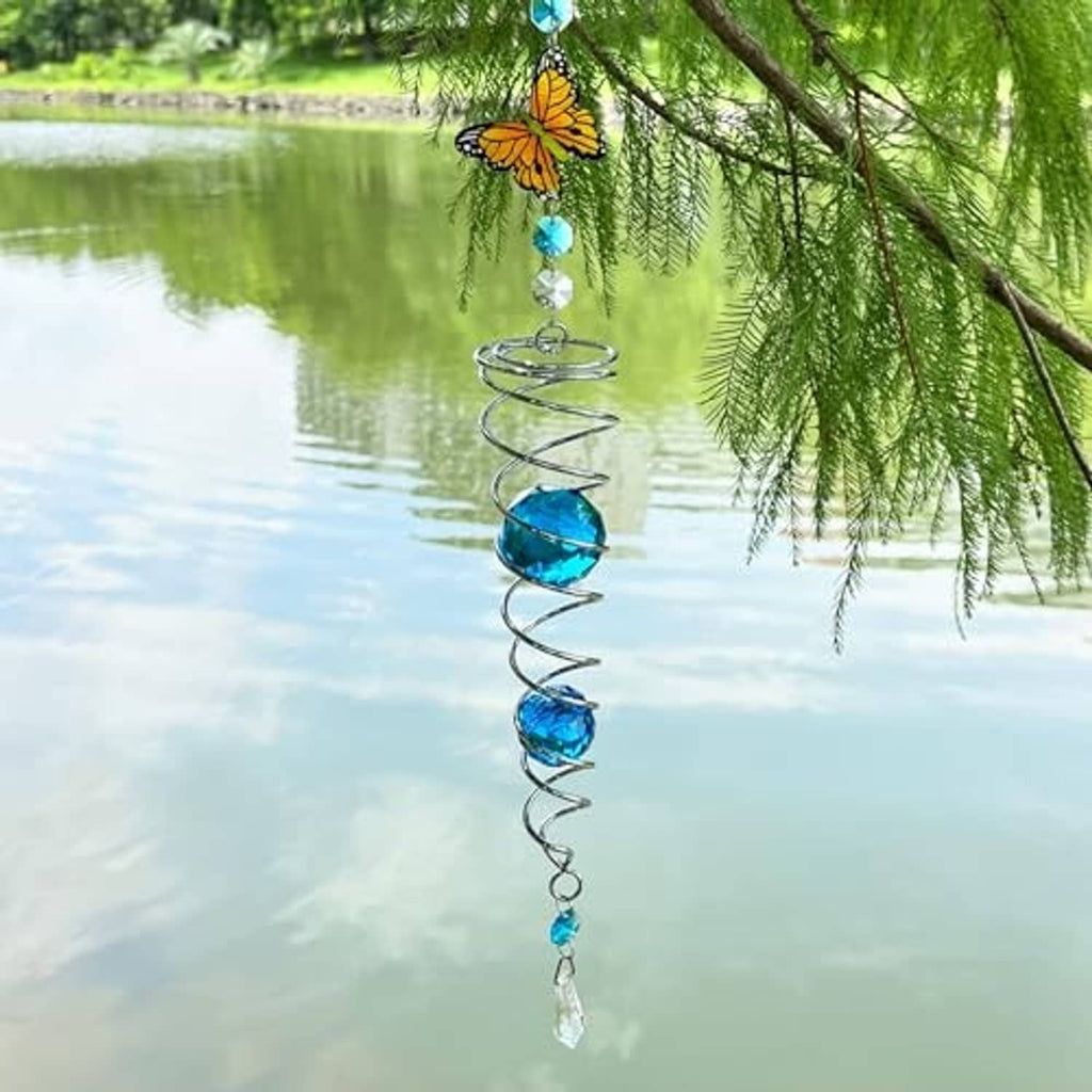 Butterfly wind spinner sun catcher with yellow butterfly charm and blue crystal spiral