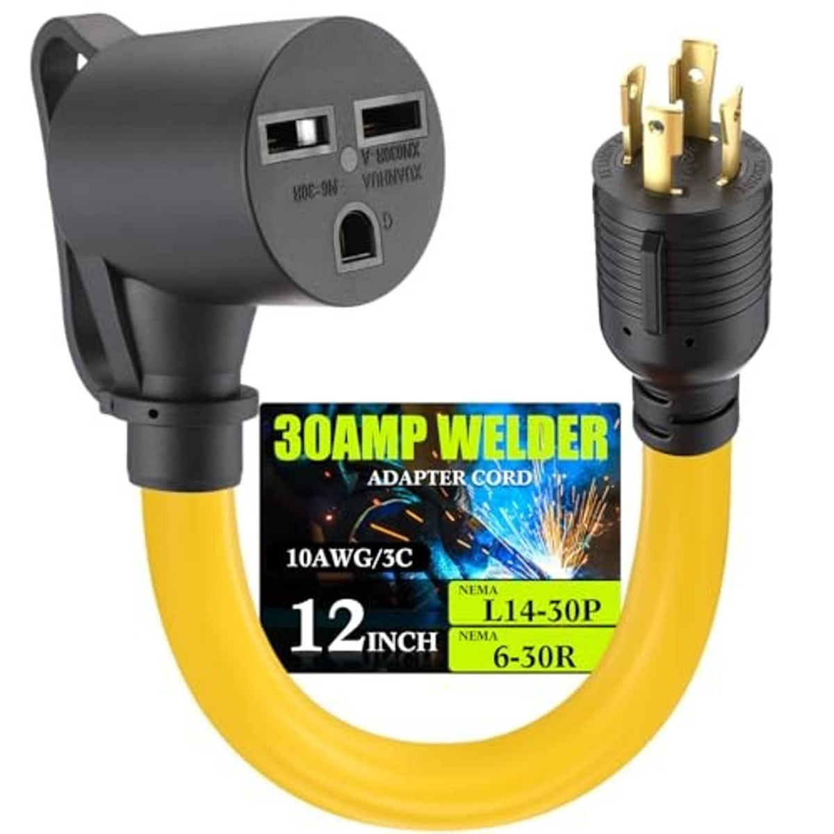 Welder adapter cord showing black L14-30P inlet and gold prong 6-30R output on yellow cable