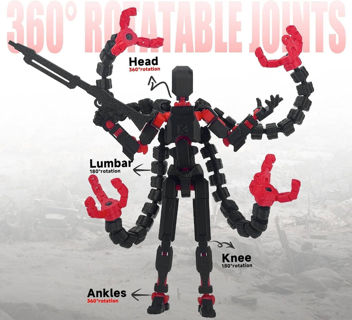 Articulated action figure dummy with black-and-red armor, showing head, limb, and knee rotation