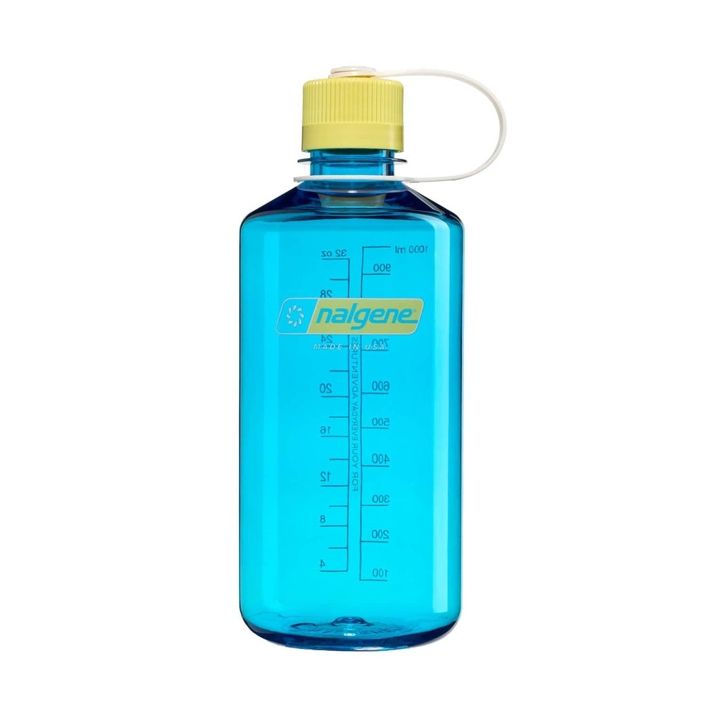 Blue translucent water bottle with narrow mouth, yellow cap, and carrying loop.