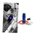 Blue coolant overflow tank kit with orange tubing, clamps, and mounting hardware