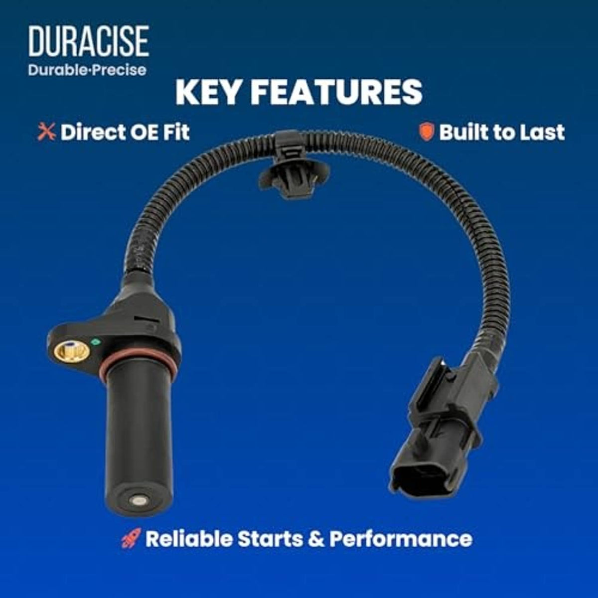 Crankshaft position sensor with black wiring harness and two electrical connectors