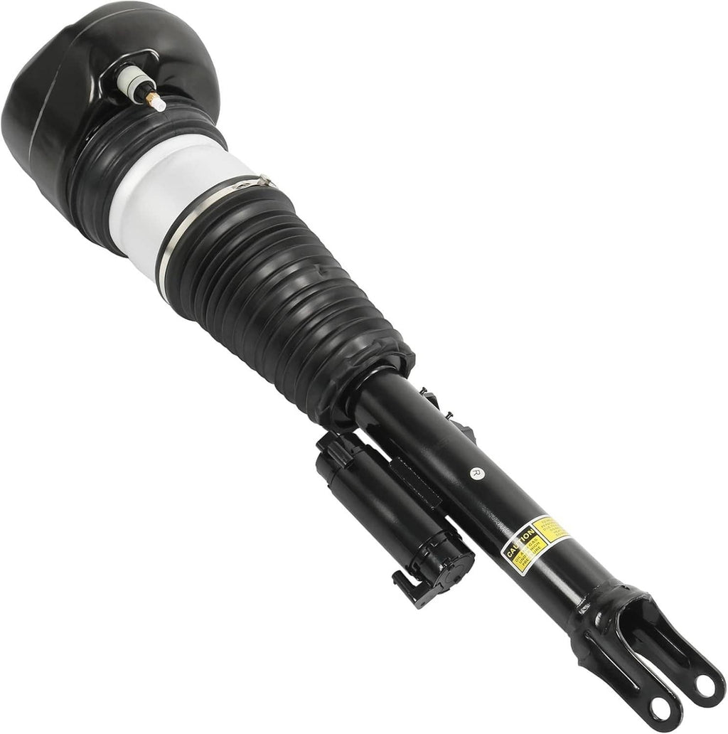 Front right air suspension shock strut with black body and white air spring sleeve