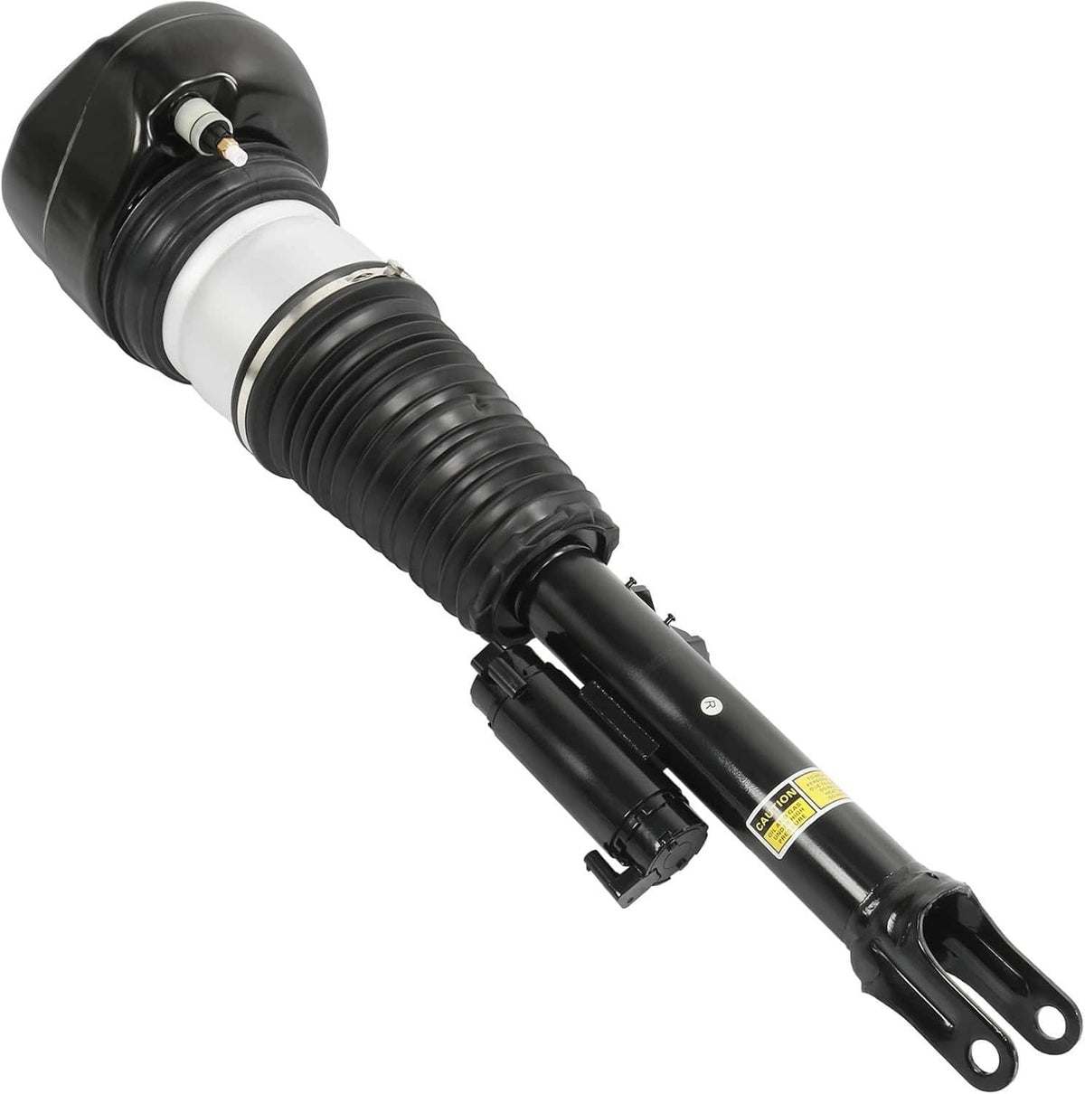 Front right air suspension shock strut with black body and white air spring sleeve