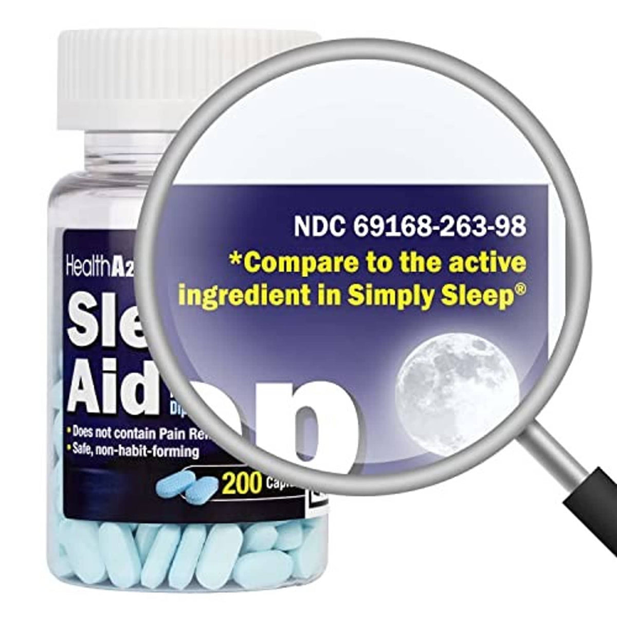 Sleep aid bottle label with magnifying glass over blue “Compare” ingredient text